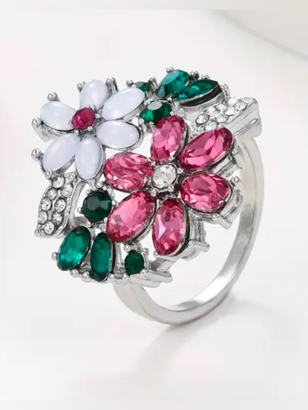 Silver Floral Cocktail Ring with Pink & Green Crystals - Size 6